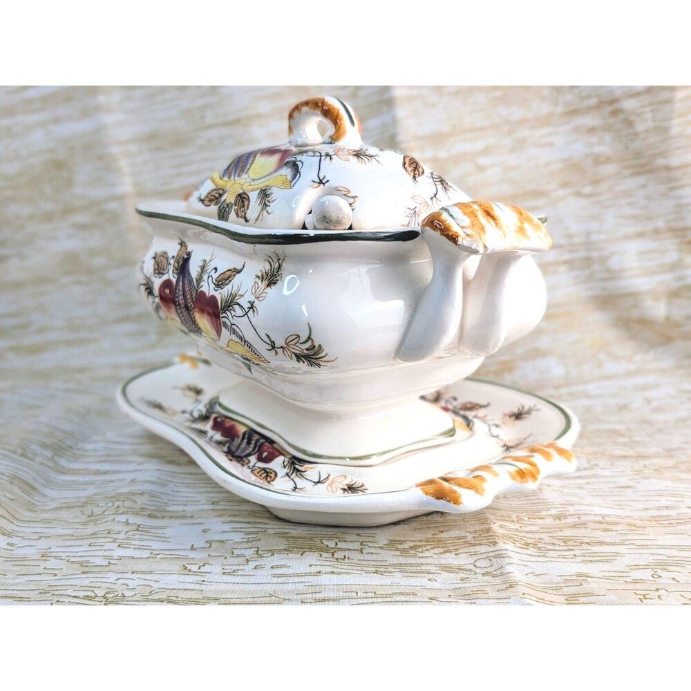 Italian Ceramic Tureen, platter, ladle, lid (4 pc) handpainted Vintage (chip)